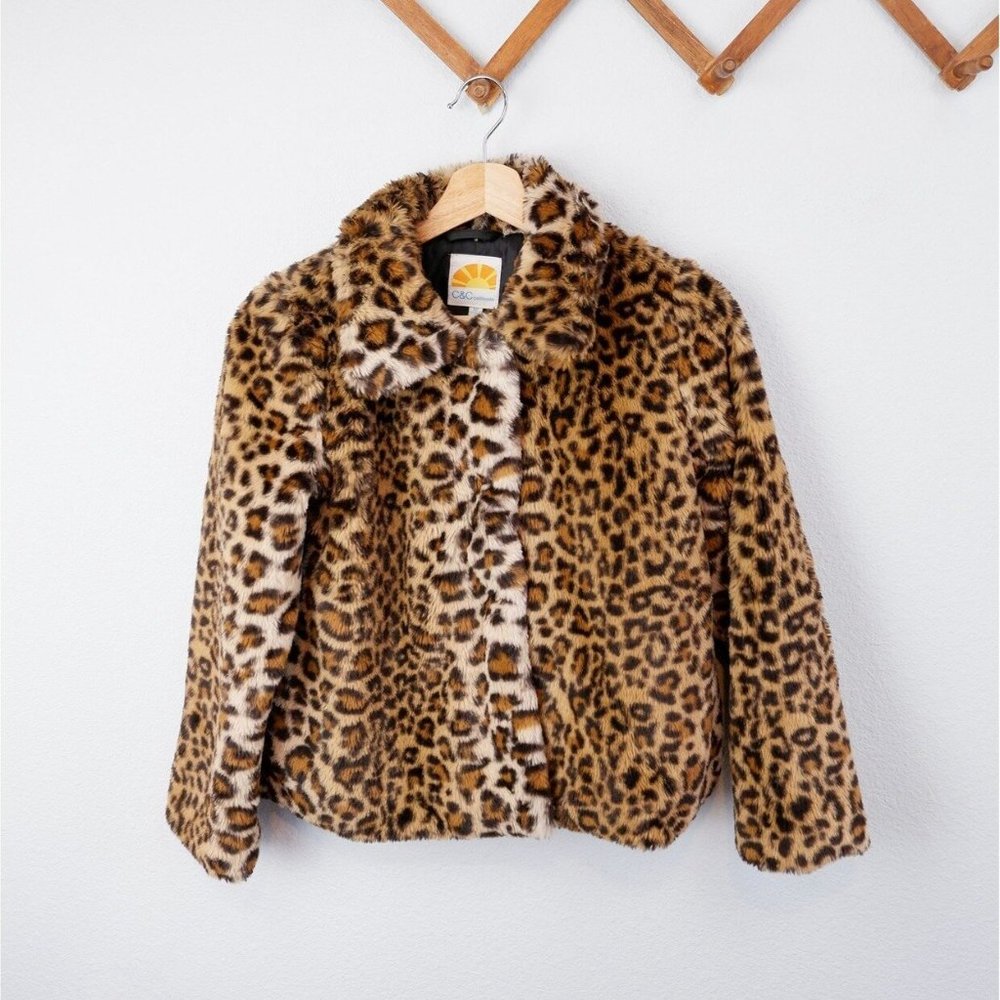 C&C CALIFORNIA "Cool Cat" Faux Fur Leopard Jacket Kids Size 8